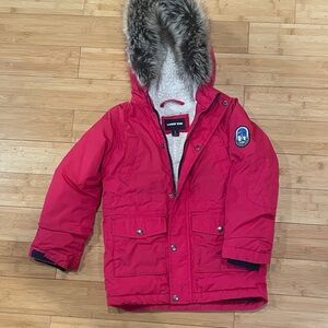 Lands' End Bright Pink fleece lined hooded coat parka with fur trim hood size 7